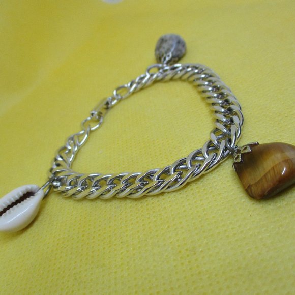 Vintage CHARM BRACELET Silver-Tone Flat Chain Link Charm Bracelet Tiger Eye Gem - Picture 6 of 10